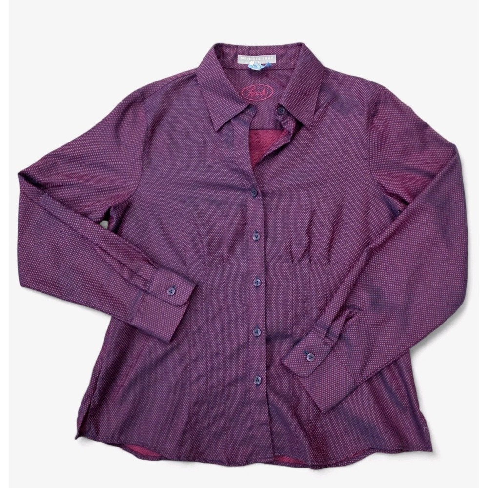 Foxcroft Button Up Shirt Womens 8P Blue Pink Cotton Blend Long Sleeve